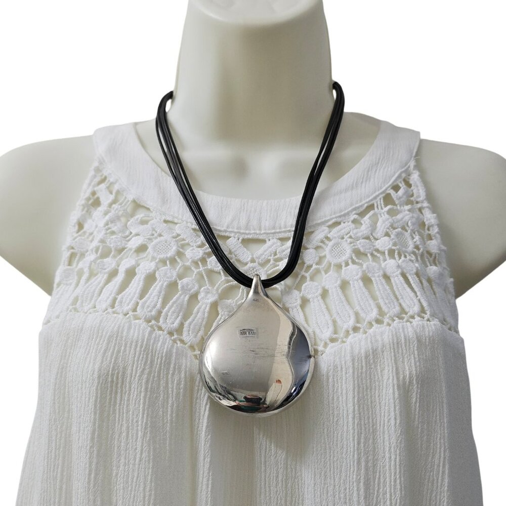 Chico’s Silver Tone Teardrop Pendant Statement Necklace Black Cord